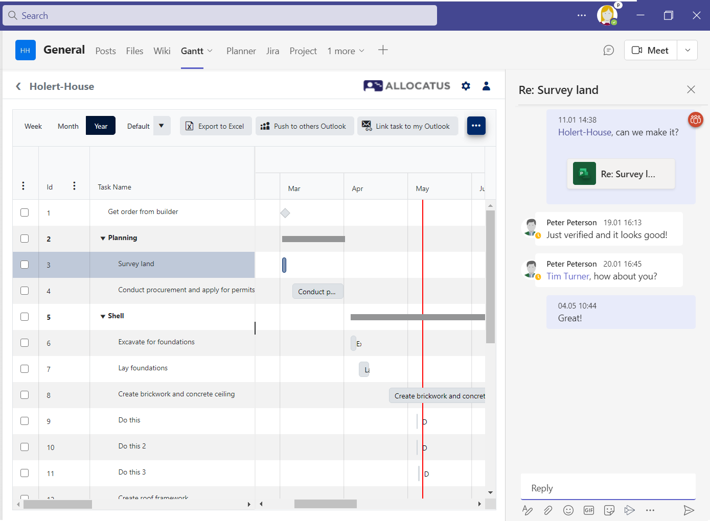 Share and discuss task from Microsoft Project in Microsoft Teams Diskussion zu Vorgängen aus Microsoft Project in Microsoft Teams