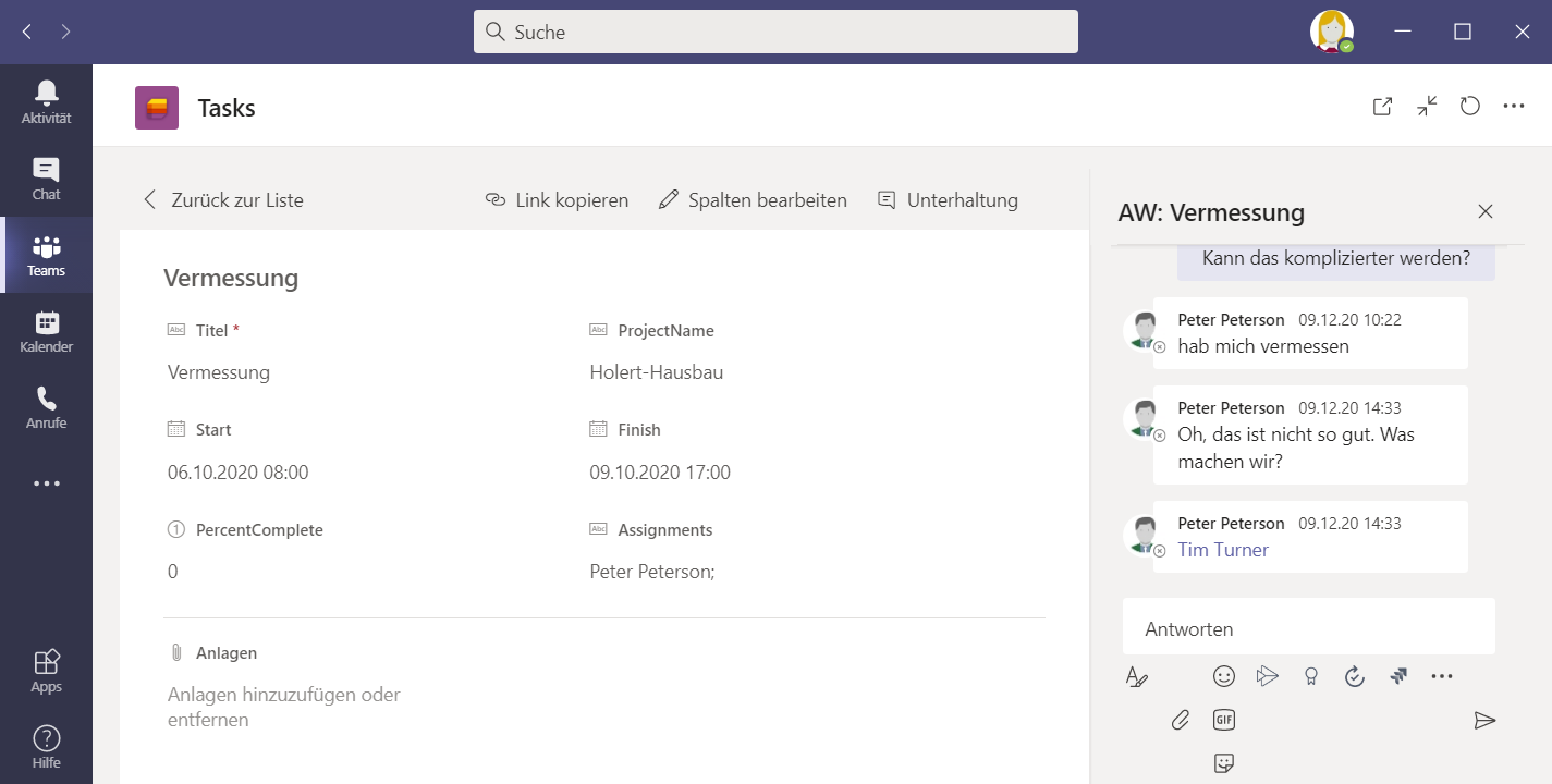 Unterhaltung/Diskussion zu Microsoft Project Aufgabe/Tasks/Vorgang in Microsoft Teams/Microsoft Lists Unterhaltung/Diskussion zu Microsoft Project Aufgabe/Tasks/Vorgang in Microsoft Teams/Microsoft Lists